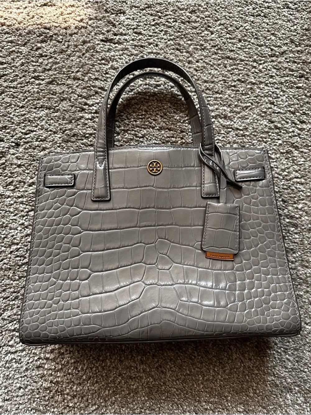 Tory Burch Gray Croc-Embossed Satchel with Gold Logo, missing long strap